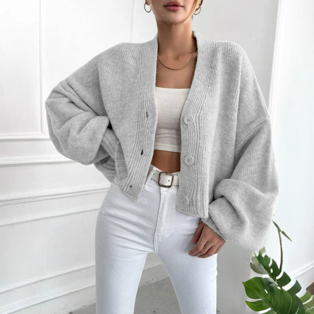 QONY™ - Casual Crop Lantern Sleeve Cardigan