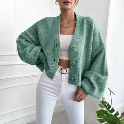 QONY™ - Casual Crop Lantern Sleeve Cardigan